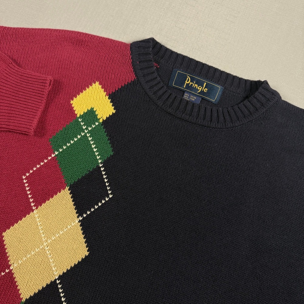 Vintage Pringle Mens M Argyle Colorblock Cotton Crew Neck Sweater Navy Burgundy